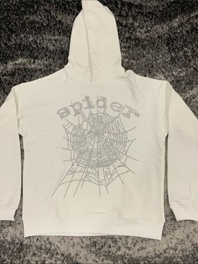 Sp5der White Rhinestone Spider Web Pullover Hoodie for Men’s Size Large